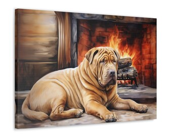 Chinesischer Shar-Pei Aquarell Leinwanddruck - Kunst Geschenk für chinesischen Shar-Pei Besitzer - chinesischer Shar-Pei sitzt am Kamin