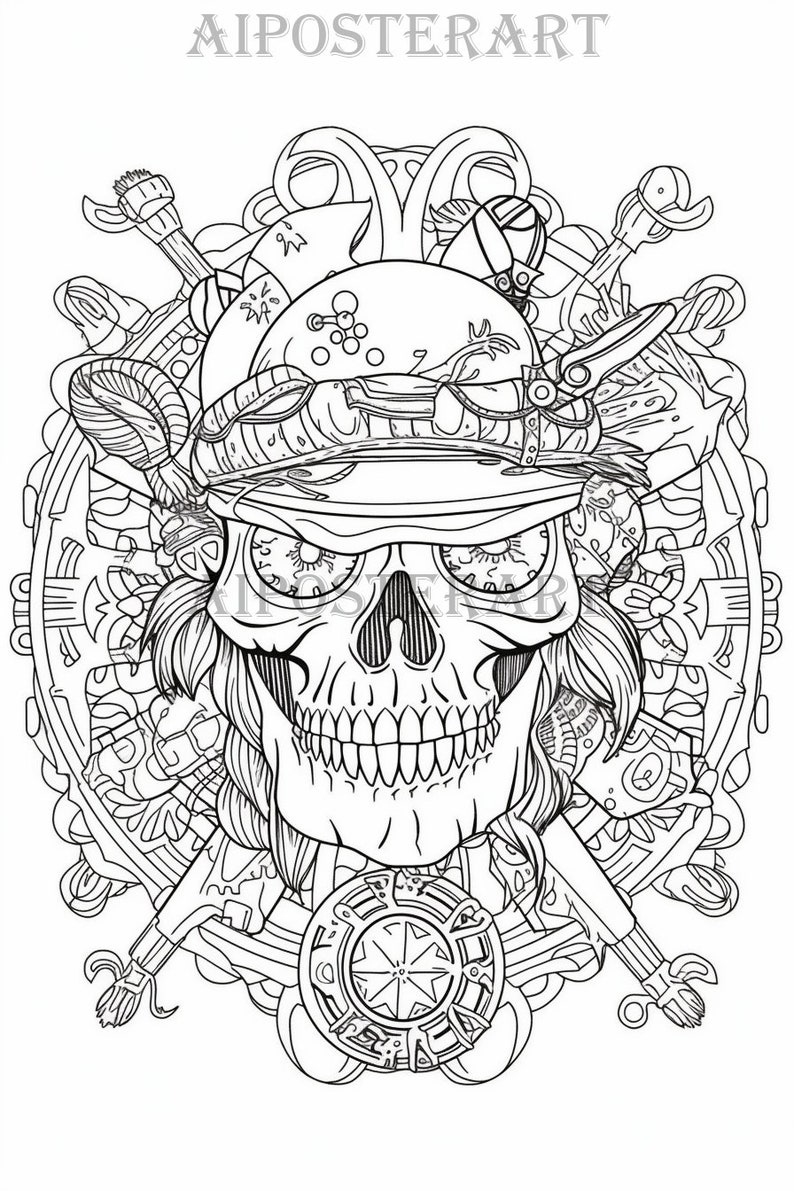 Detailed Pirate Motif Coloring Page for Adults Printable Coloring Sheet, Pirate Skull Coloring ...
