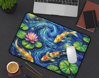 Starry Night Koi Desk Mat - Impressionist Swirl Art Mouse Pad, Japanese Pond Inspired Workspace Decor