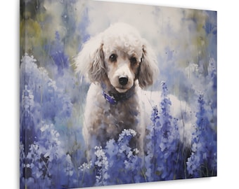 Pudel Leinwand - Aquarell Stil Malerei eines Pudels inmitten eines Meeres von Glockenblumen