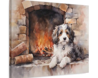 May include: Watercolor painting of a dog lying in front of a fireplace. The dog has a white chest and paws, with a mix of brown and gray fur. The fireplace is made of brick, with a fire burning inside.