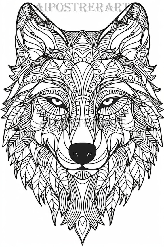 Feuille de coloriage Mandala tête de loup pour adultes Coloriage