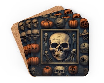 May include: Set of four square coasters featuring a Halloween-themed design with a skull, pumpkins, and skeletons. The coasters are made of cork and have a dark blue background.