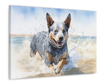 Australian Cattle Dog Watercolor Canvas Print - Wall Art gift for Aussie Dog owner - Australian Cattle Dog joyfully running through the surf