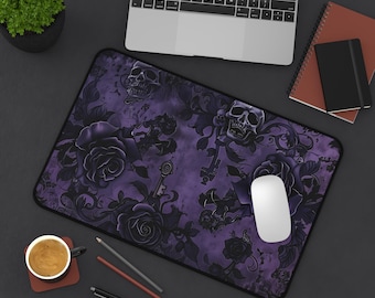 Beautiful Deep Purple Gothic Desk Mat, intricate black roses, skeletal keys, and haunting skulls to infuse your workspace with gothic allure