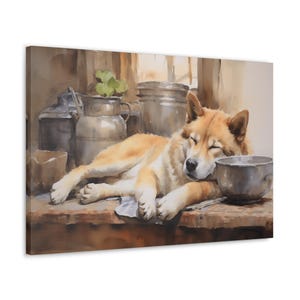 Akita Dog Watercolor Canvas Print - Wall Art gift for Akita owner - Akita dog resting amidst a collection of weathered metal pots