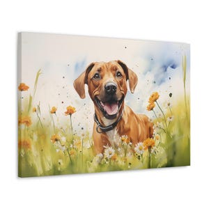 Rhodesian Ridgeback Watercolor Printed on Canvas - Frameless Wall Art gift for Rhodesian Ridgeback owner - Rhodesian Ridgeback in Meadow