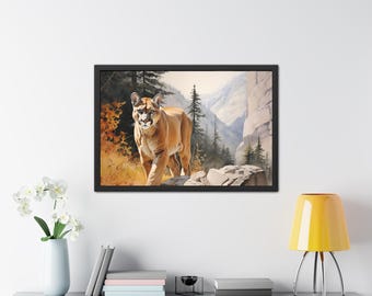 Poster encadré Yosemite Mountain Lion - cadre en bois noir fabriqué à la main, papier certifié FSC®, prêt à accrocher, cadeau pour les amoureux de la faune