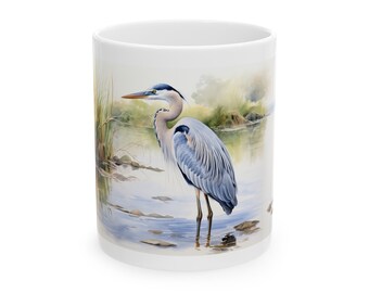Taza de café Garza: Diseño de pájaro en acuarela (Cerámica blanca 325 ml)