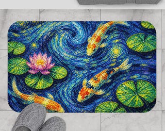 Starry Koi Dream Bath Mat - Impressionist Swirl Pond Design