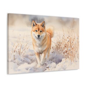 Shiba Inu Watercolor Printed on Canvas - Frameless Wall Art gift for Shiba Inu owner - Shiba Inu in a serene snow-covered field