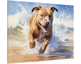 Pitbull Wall Art - Watercolor Printed on unframed Canvas - gift for Pitbull owner - Pitbull splashing in the surf at the beach