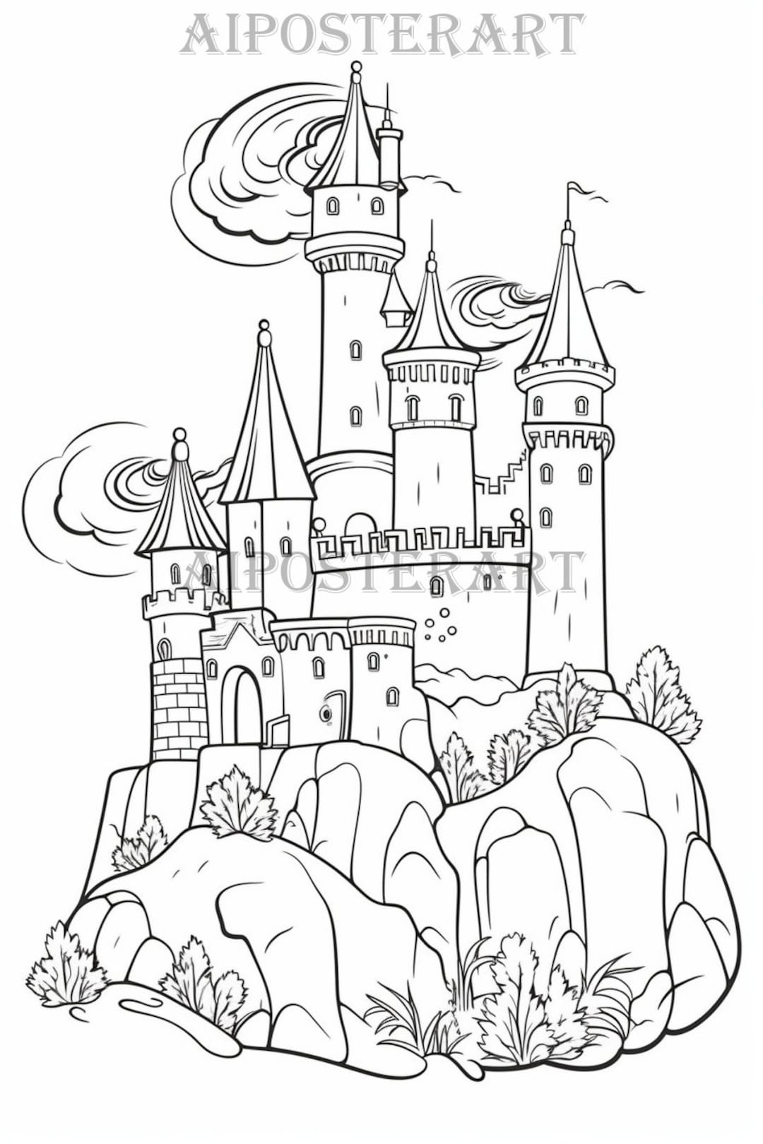 Turreted Castle Atop Hill Coloring Sheet for Adults &amp; Kids - Printable ...