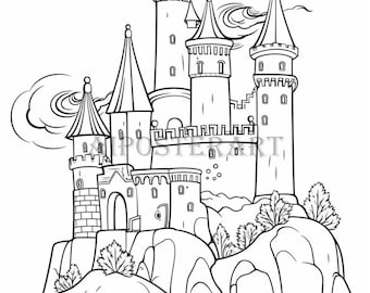 Feuille de coloriage du château à tourelles au sommet d’une colline pour adultes et enfants - Page de coloriage imprimable - Coloriage du château au sommet d’une colline - Haute résolution 5376x8064 pixels