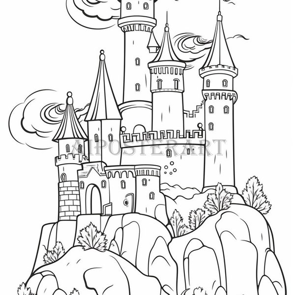 Turreted Castle atop Hill Coloring Sheet for Adults & Kids - Printable Coloring Page - Hilltop Castle Coloring -  High Res 5376x8064 pixels