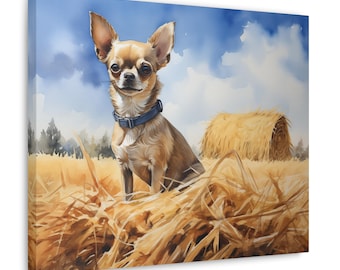 Lienzo impreso en acuarela de Chihuahua: regalo de arte de pared sin marco para dueños de chihuahuas, escena de verano de chihuahua en un campo de heno con cielo azul