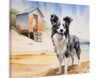 Bordercollie aquarel gedrukt canvas - frameloze muurkunst cadeau voor eigenaar border collie - border collie op het strand