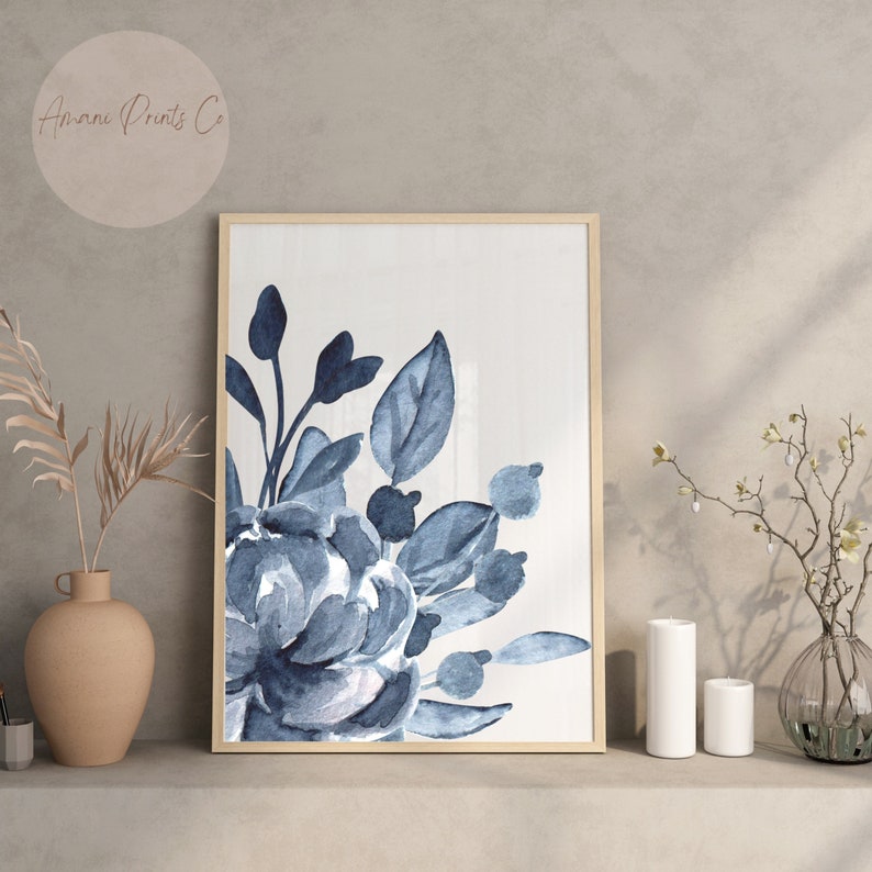 Navy Blue Floral Watercolor Wall Art Abstract Botanical Etsy