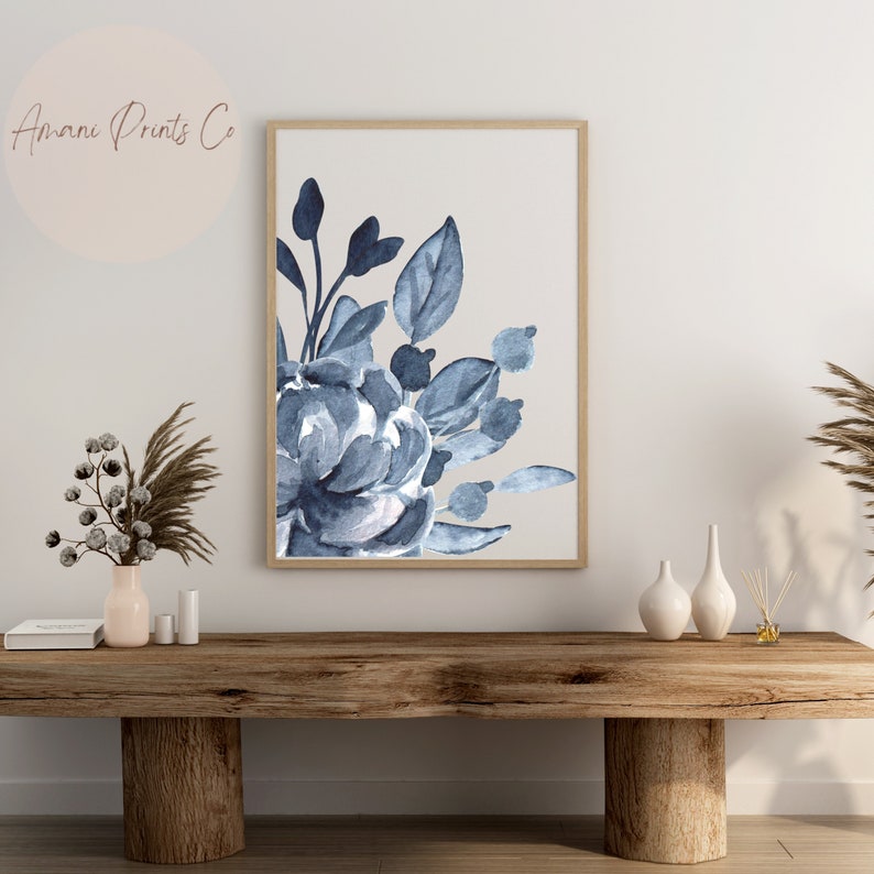 Navy Blue Floral Watercolor Wall Art Abstract Botanical Etsy