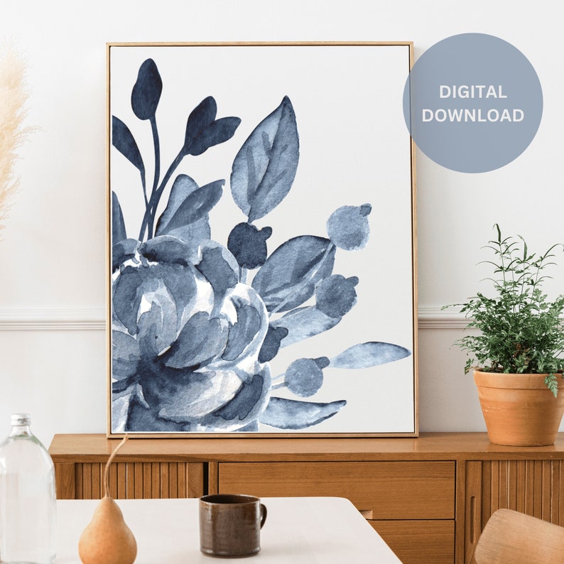Navy Blue Floral Watercolor Wall Art Abstract Botanical Etsy