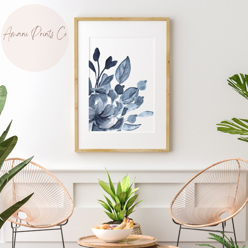 Navy Blue Floral Watercolor Wall Art Abstract Botanical Etsy