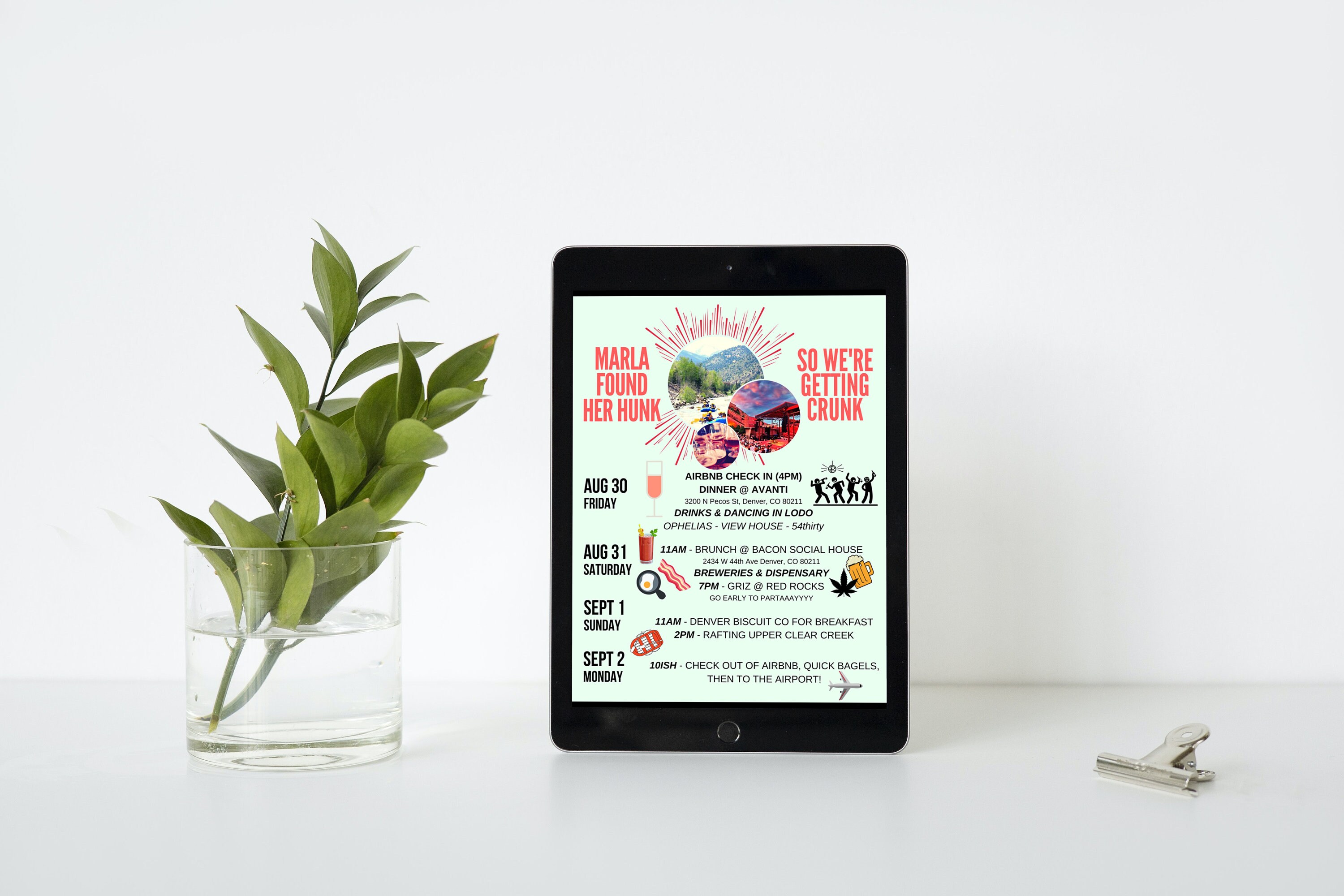 Denver Bachelorette Itinerary Template / customizable / Bach Party Schedule