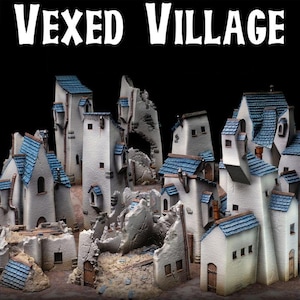 Peut inclure: Un diorama de village miniature avec des bâtiments blancs, des toits bleus et le texte "Vexed Village" en blanc. Les bâtiments ont un aspect vieilli, certaines structures semblant endommagées ou en ruine. La scène est sur fond noir.