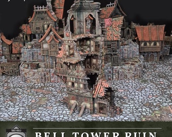 May include: A 3D printed model of a ruined bell tower, part of a larger urban fantasy scenery set. The tower is made of wood and stone, with a broken roof and a gaping hole in the side. The tower is surrounded by cobblestone streets and other buildings.