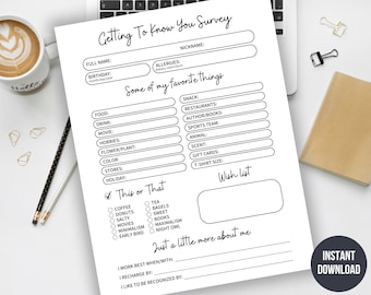 Printable Getting To Know You Survey, Coworker Survey, Coworker Questions, Employee Favorite Things Survey, US Letter & A4 PDF