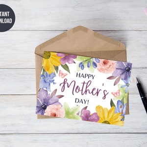 Tarjeta de felicitación del día de la madre feliz imprimible, tarjeta de felicitación floral, tarjeta de flores de acuarela pastel, descarga instantánea PDF y JPG