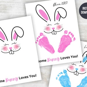 Recuerdo imprimible de la huella de los niños de Some Bunny Loves You, bricolaje de Pascua, artesanía para Pre-K + Kindergarten, conjunto de 2, azul y rosa, carta de EE. UU.