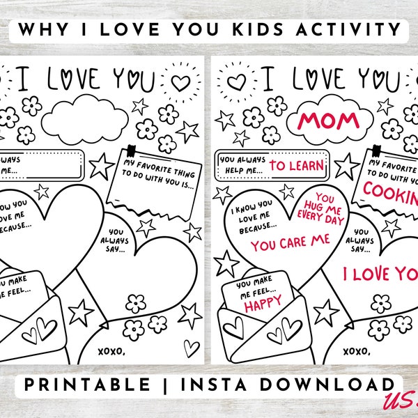 Why I Love You Printable, Activity For Kids, Valentines Day Gift From Kids, Valentines Craft, Reasons I Love You, I Love You Because, PDF