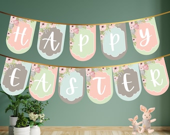 Printable Pastel Happy Easter Banner, Easter Bunting Banner, Easter Party Decor, Spring Banner, Easter Party, Instant Download