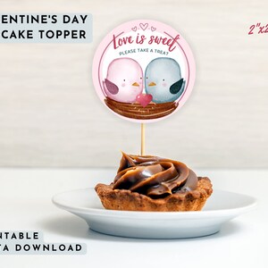 Printable Cute Valentine&#39;s Day Watercolor Birds Cupcake Topper, Cupcake Decorations, Valentine&#39;s Day Cupcake Toppers, Valentine Favor Tags