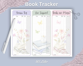 Könnte beinhalten: Druckbarer Buch-Tracker mit drei verschiedenen Designs: Dream Big, Live Inspired und Books are Magic. Jedes Design zeigt eine Aquarell-Illustration von Blumen, Schmetterlingen und Büchern. Der Tracker enthält Spalten für Titel, Startdatum, Enddatum und Bewertung.
