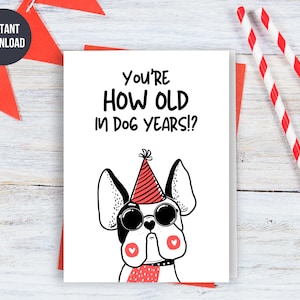 Printable Funny Dog Birthday Card You're How Old In Dog Years, Dog Years Card, Dog Lover Card, Card From The Dog, Dog Birthday Card