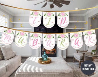 Printable Ramadan Mubarak Banner, Modern Floral Ramadan Decoration ...