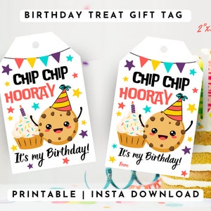 Etiqueta de presente de aniversário imprimível Chip Chip Hooray, etiqueta de aniversário de biscoito, etiqueta de saco de presente de sala de aula, biscoito de chocolate, festa escolar, PDF