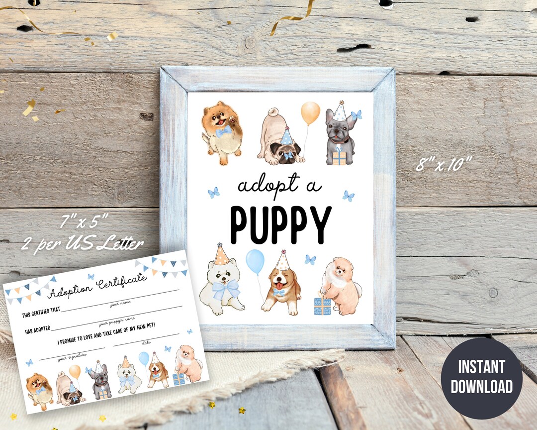 Printable Blue 8x10 Adopt a Puppy Birthday Sign + 7x5 Dog Birthday ...