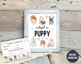 Printable Blue 8x10 Adopt a Puppy Birthday Sign + 7x5 Dog Birthday Party Adoption Certificate, Instant Download