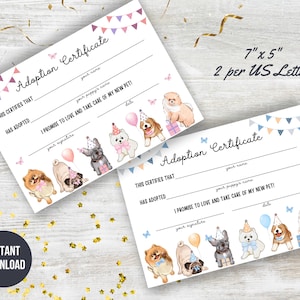 Printable Dog Birthday Party Adoption Certificate, Puppy Adoption Certificate, Kids Birthday Activity Dog Adoption Certificate, Set of 2