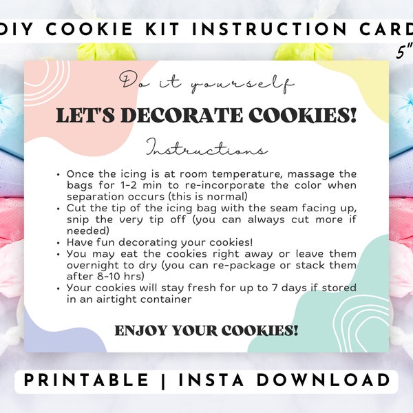 Druckbare Anweisungen Karte für DIY Cookie Kit, Let's Decorate Anweisungen Karte, Cookie Tag, 5 "x 10", Sofortiger Download