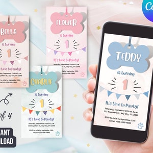 Editable Dog Party Mobile Invitation, Set of 4 for Boy and Girl, Lets Pawty Birthday Evite, Electronic Puppy Invitation iPhone Smartphone
