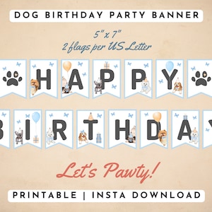 Printable Happy Birthday Boy Dog Banner, Boy Puppy Birthday Bunting, Boy Dog Theme Puppy Pawty Banner, Pastel Blue, PDF, Instant Download