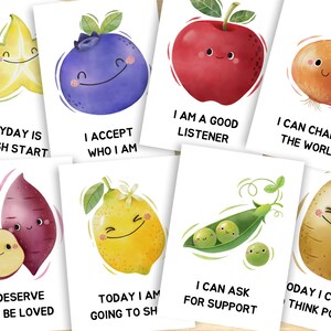 Affermazioni stampabili di frutta e verdura carine per bambini, carte di affermazione positiva per bambini, set di 40, download digitale, PDF
