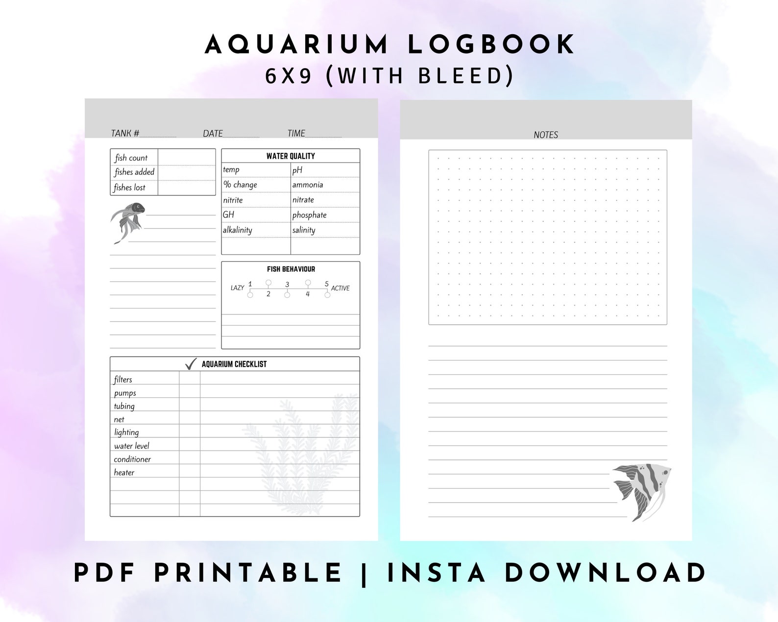 Printable Aquarium Log Book, Aquarium Log, Fish Aquarium Log, Aquarium
