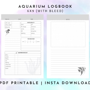 Printable Aquarium Log Book, Aquarium Log, Fish Aquarium Log, Aquarium Journal, Aquarium Maintenance Log, Instant Download,  6&quot;x9&quot; PDF