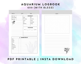 Libro de registro de acuario imprimible, registro de acuario, registro de peces, diario de acuario, registro de mantenimiento de acuario, descarga instantánea, PDF de 15 x 23 cm