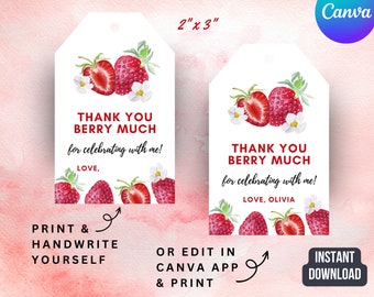Imprimable et modifiable merci étiquette cadeau baies, étiquettes de faveur aux fraises, modèle d'étiquette de remerciement doux anniversaire baies, téléchargement immédiat