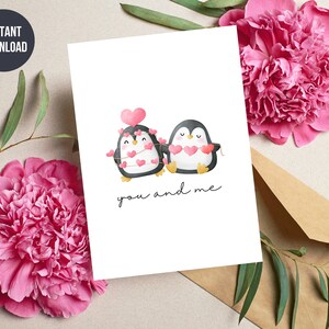 Carte de vœux de Saint-Valentin imprimable pour vous et moi, carte pingouin mignonne, cartes de Saint-Valentin pour lui, carte anniversaire